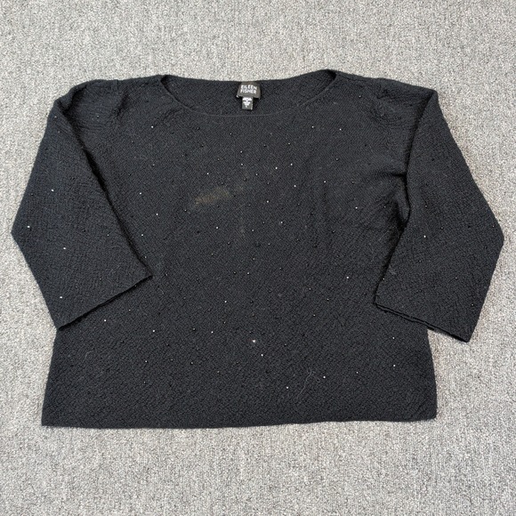 Eileen Fisher Minimalist Beaded Sweater L Black Merino Wool Evening Boat Neck — photo 2